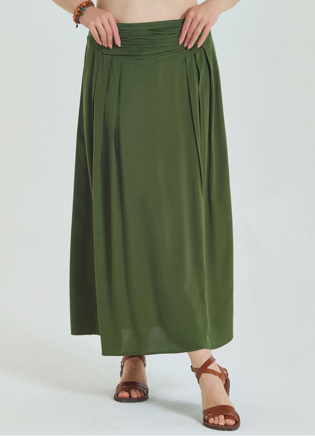 Khaki Plus Size Skirt with Elastic Waist and Drape Detail 4602